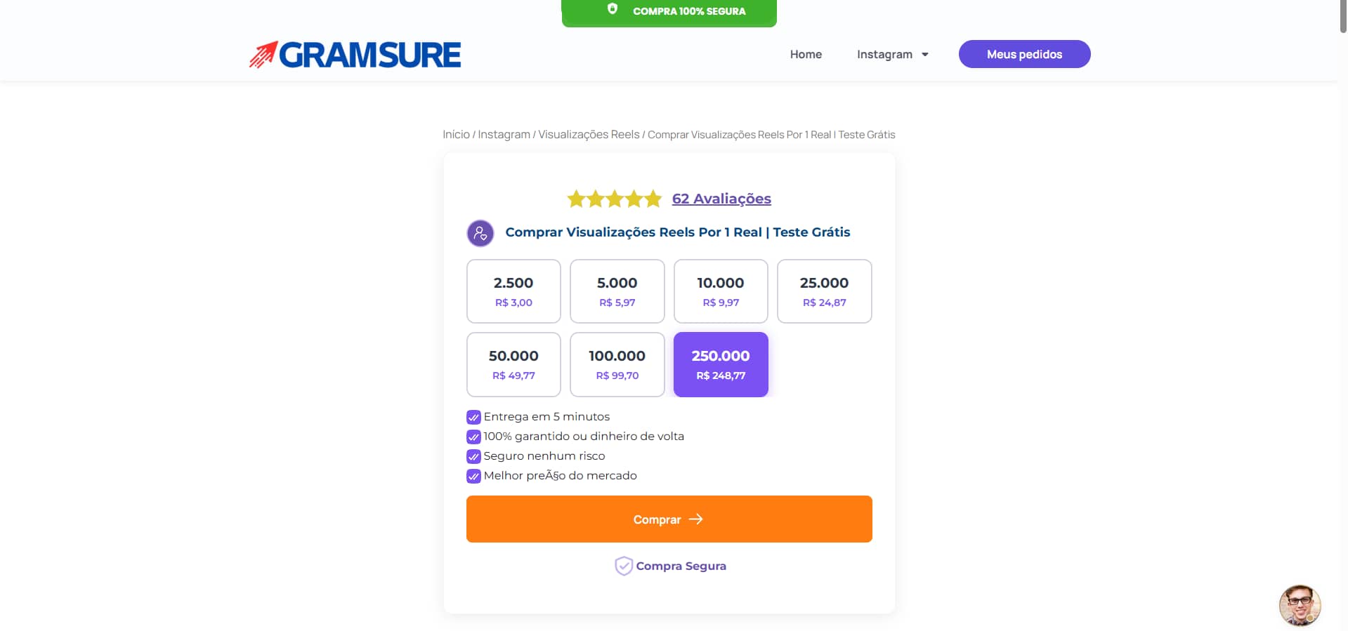 Gramsure.com.br Pagina Venda de Visualizações Reels