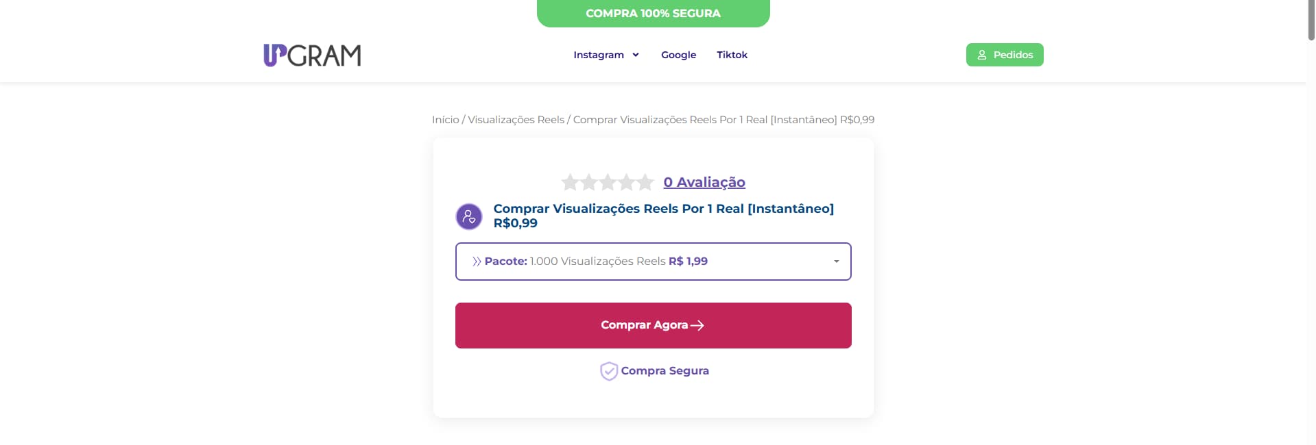 Plataforma da Upgram - Venda de visualizações reels