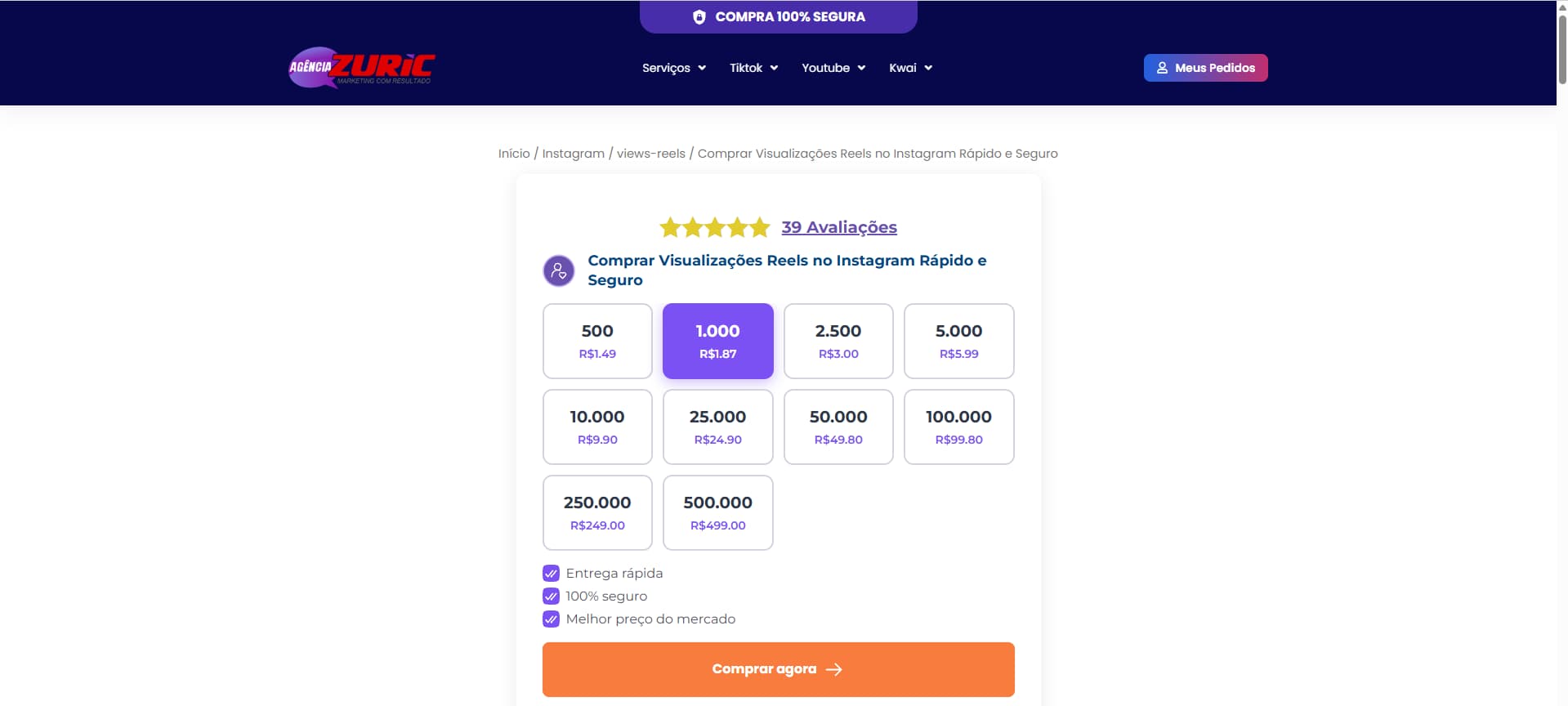 Print de tela do site AgenciaZuric Pagina venda de visualizações reels