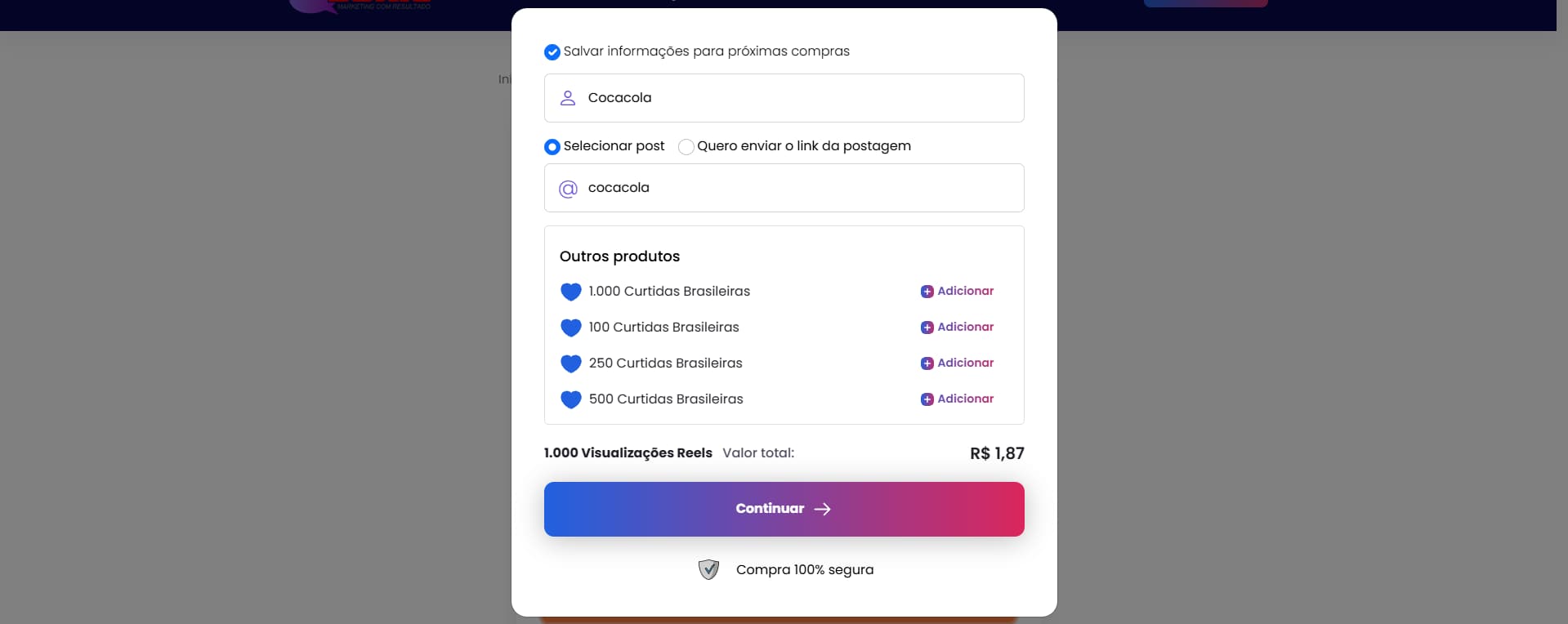 Popup comprar visualizações reels