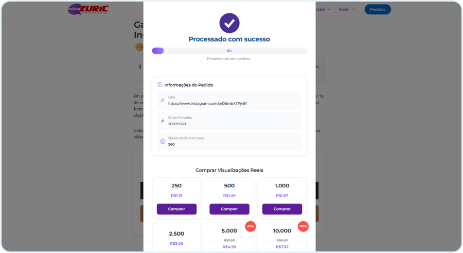 Modal mostrando as visualizações reels grátis estão em processo de entrega